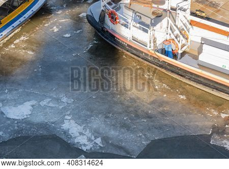 Barges Boats Lie Iceboundly In The Memory Town With The Hamburg Harbor