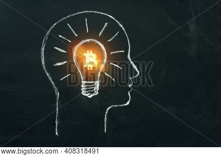 Bitcoin Business Idea. Cryptocurrency Symbol In Light Bulb In Head Of Businessman. Creativity, Think