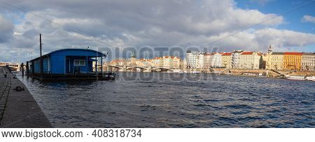 On The Riverbank In Smichov, Prague, Czech Republic. Renovated Riverbank In The Centre Of The City I