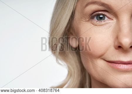 50s Middle Aged Old Woman Looking At Camera Isolated On White Background Advertising Dry Skin Care T