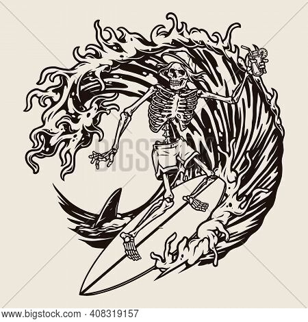 Surfing Vintage Concept With Happy Skeleton In Baseball Cap Holding Cocktail And Riding Wave On Surf