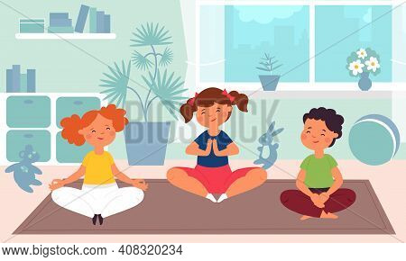 Kids Meditation. Children Yoga, Kindergarten Sport Class. Fun Child Training, Cartoon Healthy Medita
