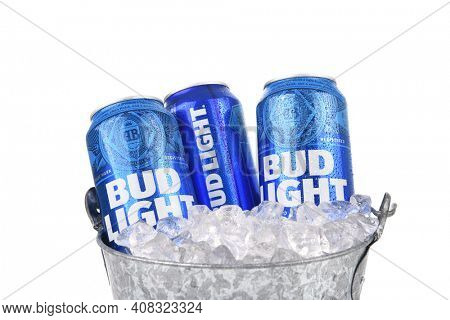 IRVINE, CALIFORNIA - AUGUST 25, 2016: Bud Light Cans in ice bucket. Bud Light is one of the top selling domestic beers in the United States.