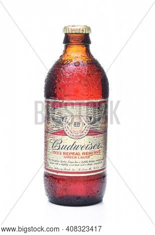 IRVINE, CA - NOVEMBER 7, 2017: Budweiser 1933 Repeal Reserve Amber Lager. Budweiser is releasing the Prohibition era recipie to celebrate the acts repeal.