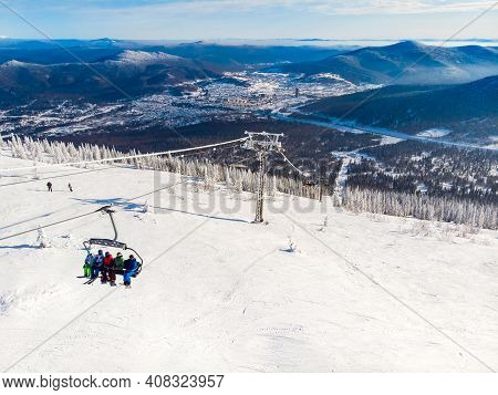 Sheregesh Ski Lift Resort In Winter, Landscape On Mountain And Hotels, Aerial Top View Kemerovo Regi
