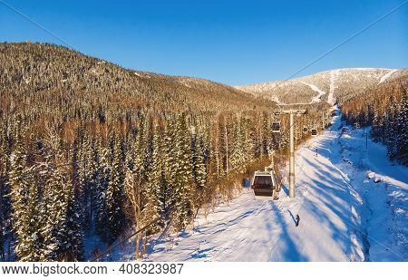 Sheregesh Ski Lift Resort In Winter, Landscape On Mountain And Hotels, Aerial Top View Kemerovo Regi