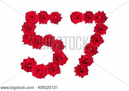 Numeral 57 Made Of Red Roses On A White Isolated Background. Red Roses. Element For Decoration. Fift
