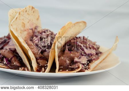 Traditional Mexican Birria Tacos With Coriander And Onion On Top. Street Food From Mexico. Comfortin