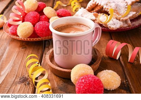 Espersso Coffee Traditional Sweet Pastries During The Carnival Period In Italy. Street Food, Round B