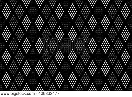 Seamless Geometric Diamonds Patternt With Dots Texture On Black Background. Vector Art.