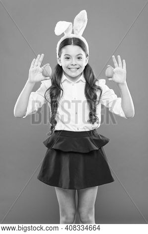 Easter Is Coming. Small Girl Child Wear Bunny Ears. Happy Easter. Egg Hunt On Spring Holiday. Holida