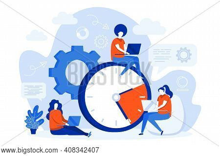 Time Management Web Concept Design With People. Employees Work Near Big Clock. Time Management And E