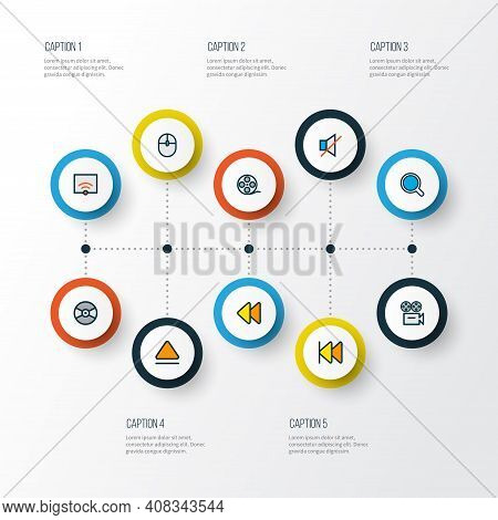 Media Icons Colored Line Set With Eject, Search, Rewind And Other Control Device Elements. Isolated 