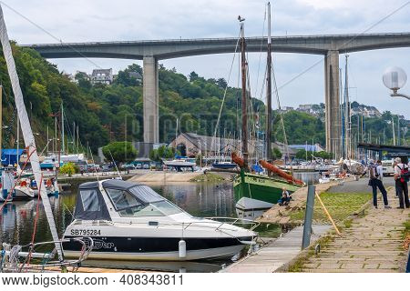 Saint-brieuc, France - August 27, 2019: Legue Port In Plerin In The Background The Viaduct Spanning 