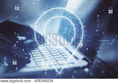 Geolocation Internet Technology With Digital Geolocation Symbol And Hands Typing On Laptop Keyboard.