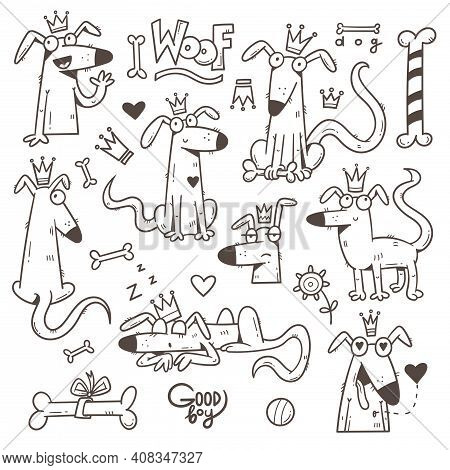 Set With Cute Cartoon Dog. Funny Puppy And Bone. Good Boy Print. Vector Sticker Pack With Joyful Ani