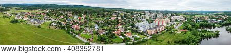 Aerial Panoramic View Of Vetrnik Quarter In Dobris With Cottagers Part Above Papez Pond