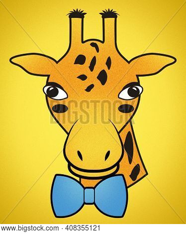 Boy Orange Spotted Giraffe Head Wearing Blue Bowtie with Clipping Path