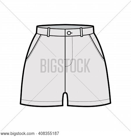 Short Pants Technical Fashion Illustration With Mid-thigh Length, Normal Waist, High Rise, Slashed P