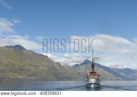 Queenstown New Zealand - March 1 2015; Tss Earnslaw Tourist Passenger Classic Steamship Cruising Wit