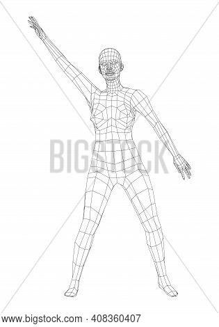 Wireframe Ballerina Or Dancer In Dance Pose. Vector 3d Rendering