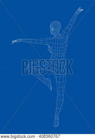 Wireframe Ballerina Or Dancer In Dance Pose. Vector 3d Rendering