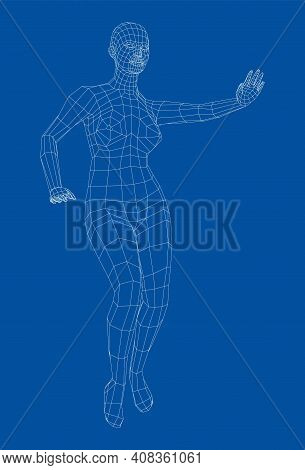 Wireframe Ballerina Or Dancer In Dance Pose. Female Dancing Salsa. Vector 3d Rendering