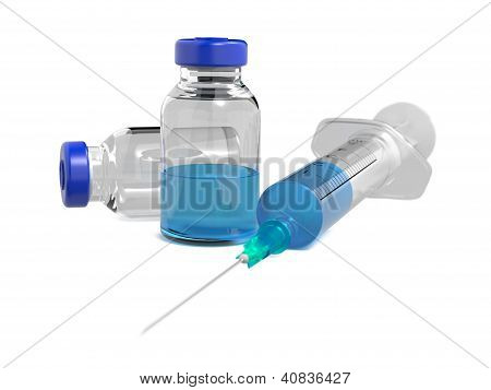 의료 Ampoules 및 흰색 절연 주사기입니다.