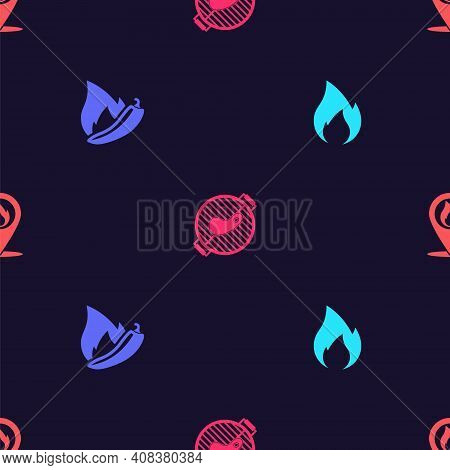 Set Fire Flame, Hot Chili Pepper Pod, Barbecue Grill With Steak And Location Fire On Seamless Patter