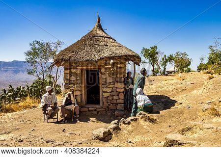 Lalibela, Ethiopia - Feb 14, 2020: Ethiopian People At The Famous Monastery Neakuto Leab Near Lalibe