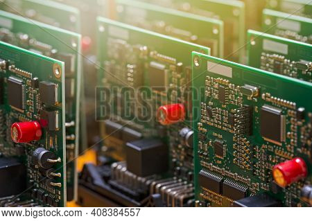 Electronic Ideas. Close-up Shoot Of Automotive Printed Circuit Boards With Soldered Smd Or Surface M