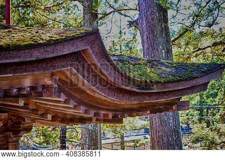 Wooden Roof Of Traditional Japanese Shinto Shrine Overgrown With Moss.