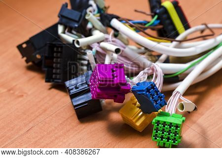 Closeup Of Laboratory Wire Terminals And Service Connector Placed Together.