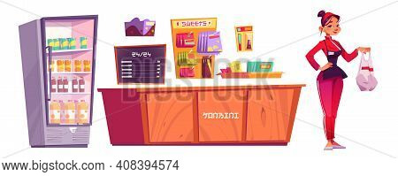 Konbini, Convenience Store Furniture And Woman Seller Isolated On White Background. Vector Cartoon S