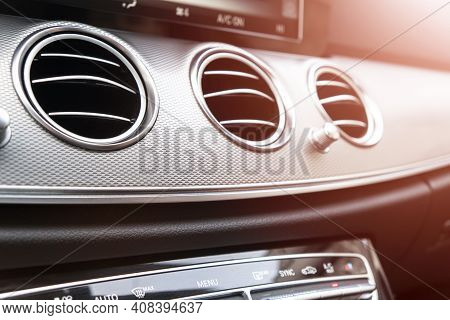 Ac Ventilation Deck In Luxury Modern Car Interior. Modern Car Black Leather Interior. Natural Wood P