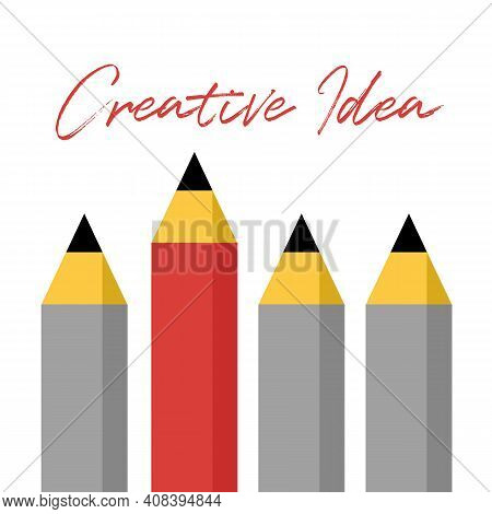 Red Pencil Taller Than Grey Pencils In Flat Design On White Background. Creative Idea Concept Vector