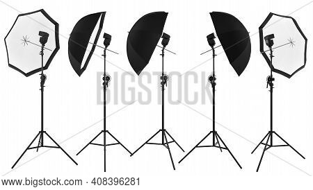 Photography Studio Lighting Stand With Speedlight And Umbrella Isolated On White Background With Cli
