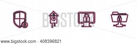 Set Line Shield Security With Lock, Lock On Monitor, Retro Wall Watch And Ftp Folder And Icon. Vecto