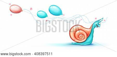 Cute Snail Crawls With Balloons. Happy Slug Clipart For Greeting Card For Birthday Or Valentine Day.