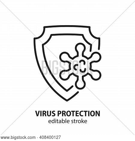 Virus Protection Line Vector Icon. Concept Of Vaccination, Immune System Protection From Viruses, Hy