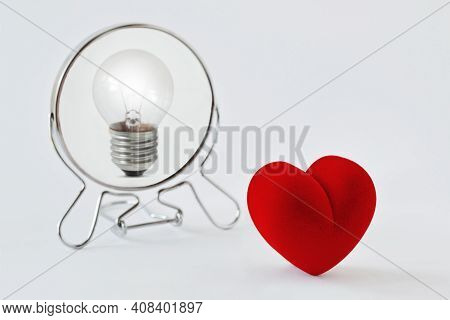 Heart Looking In The Mirror And Seeing Itself As A Light Bulb - Concept Of Dualism Heart/mind, Emoti