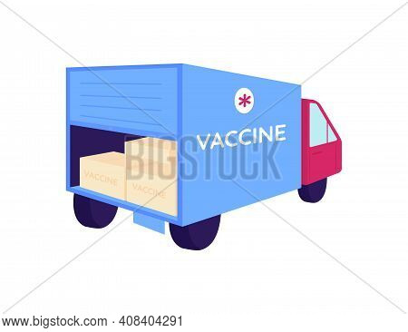 Vaccine Packages In Delivery Truck Flat Color Vector Object. Transportation Of Medical Supply. Medic