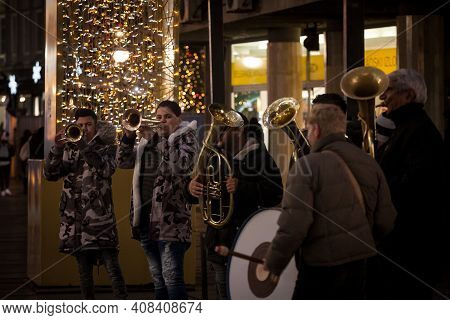 Belgrade, Serbia - December 26, 2020: Selective Focus On A Trumpet Player Of A Roma Music Band Playi