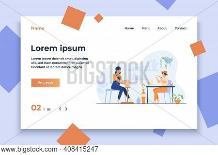 Smiling Female Artists Creating Ceramic Vase From Clay Isolated Flat Vector Illustration. Cartoon Ce