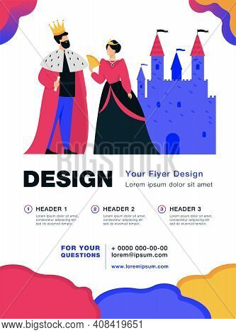 King And Queen Standing In Front Of Castle Flat Vector Illustration. Cartoon Monarchs As Symbol Of R