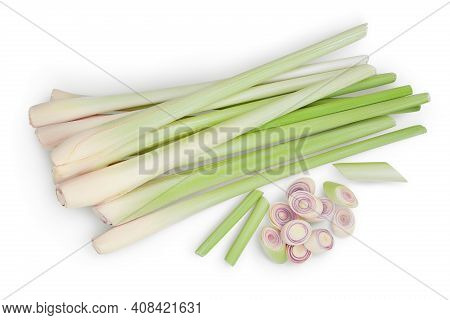 Fresh Lemongrass Isolated On White Background With Clipping Path. Top View. Flat Lay