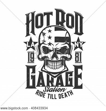 Skull With Flag Of Usa T-shirt Print Mockup Of Vector Garage Or Service Station. Dead Human Skeleton
