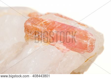 Macro Mineral Stone Tourmaline In The Breed A White Background