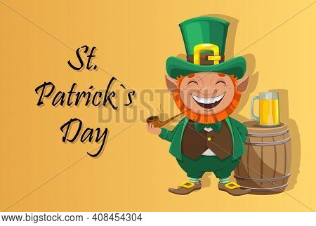 Stock Vector Leprechaun. Happy St Patrick's Day Greeting Card. Cheerful Leprechaun Cartoon Character