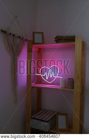 Neon Sign Pink And Blue Heart In The Decor Of The Home. Trendy Style. Neon Sign. Custom Neon. Home D